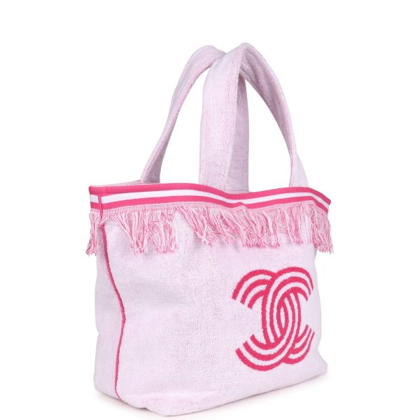 Chanel CC Beach Tote Bag & Towel Set Pink & White Canvas & Terry Supply