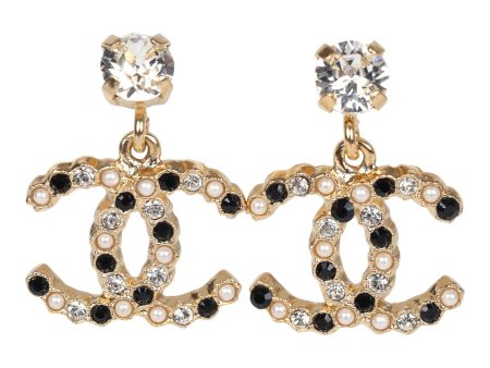 Chanel CC Crystals & Resin Pearls Dangle Earrings Blac and White Gold Tone Metal Cheap