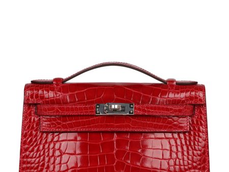 Hermes Kelly Pochette Braise Croc PHW For Sale