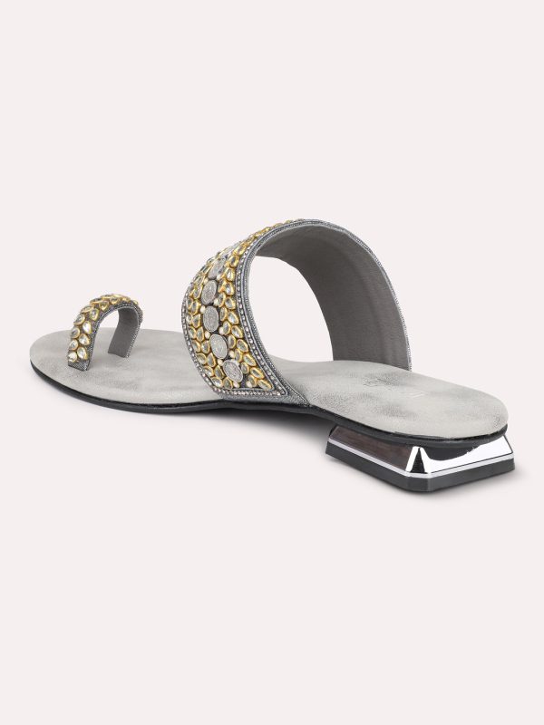 Women Pewter Ethnic Embellished Open Toe Flats Online now