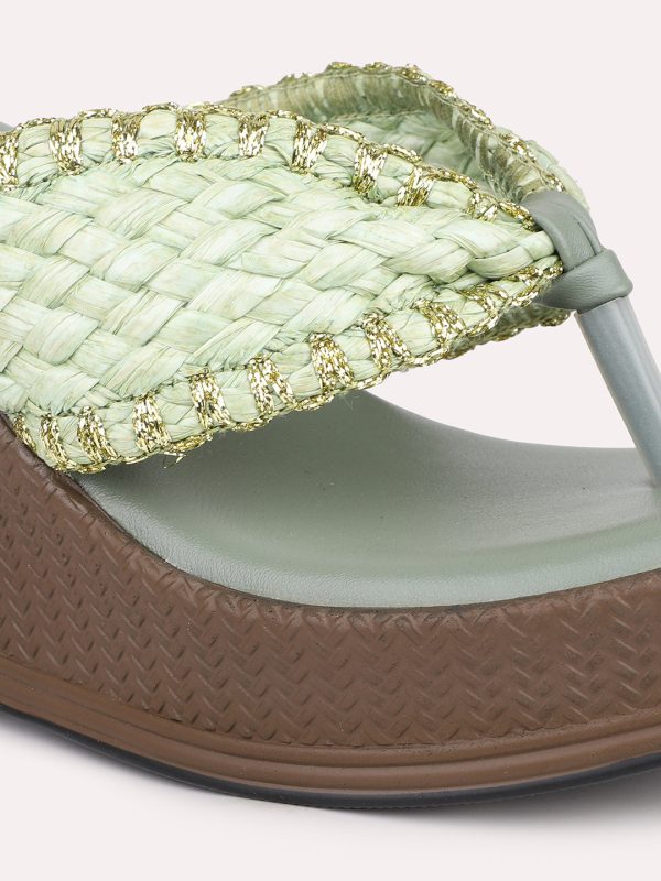 Women Green Textured Embellished Wedge Sandals For Discount