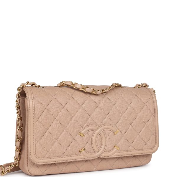 Chanel Medium CC Filigree Flap Bag Beige Caviar Brushed Gold Hardware Hot on Sale