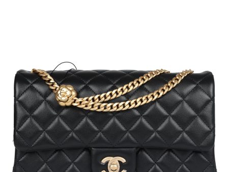 Chanel Medium Camellia Crush Flap Bag Black Lambskin Antique Gold Hardware Online now