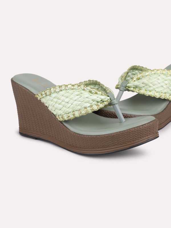 Women Green Textured Embellished Wedge Sandals For Discount