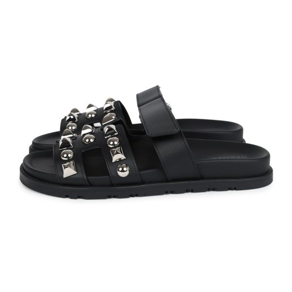 Hermes Chypre Techno Sandals Black Studded Calfskin Palladium Hardware 37.5 EU Discount