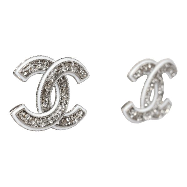 Chanel Large Lucite CC Crystal Stud Earrings White Enamel and Silver Hardware Sale