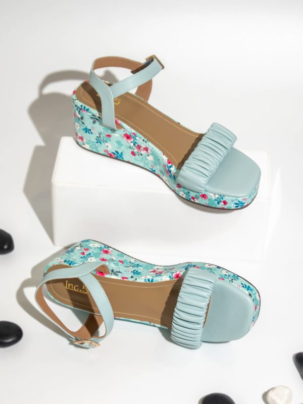 Women Blue Textured Wedge Sandals Online Hot Sale