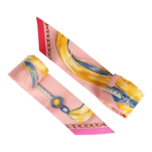 Hermes  Cavalcades  Rose Poudre Multi Silk Twilly Pair Online now