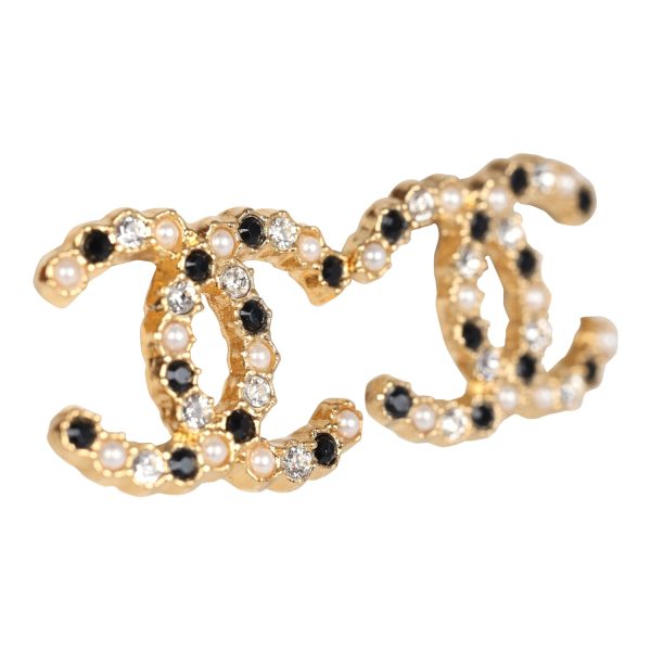 Chanel CC Black White Crystals and Pearls Stud Earrings Gold Hardware Discount