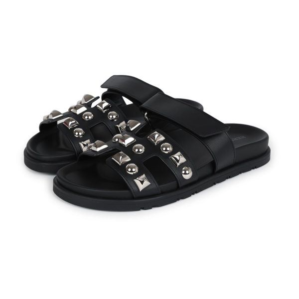 Hermes Chypre Techno Sandals Black Studded Calfskin Palladium Hardware 37.5 EU Discount