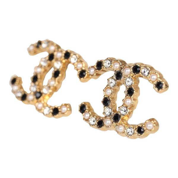 Chanel CC Black White Crystals and Pearls Stud Earrings Gold Hardware Discount