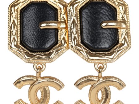 Chanel CC Buckle Dangle Earrings Black Leather Gold Hardware Online