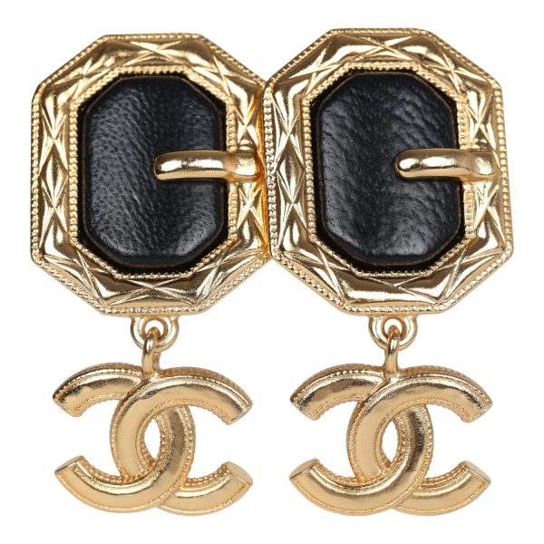 Chanel CC Buckle Dangle Earrings Black Leather Gold Hardware Online