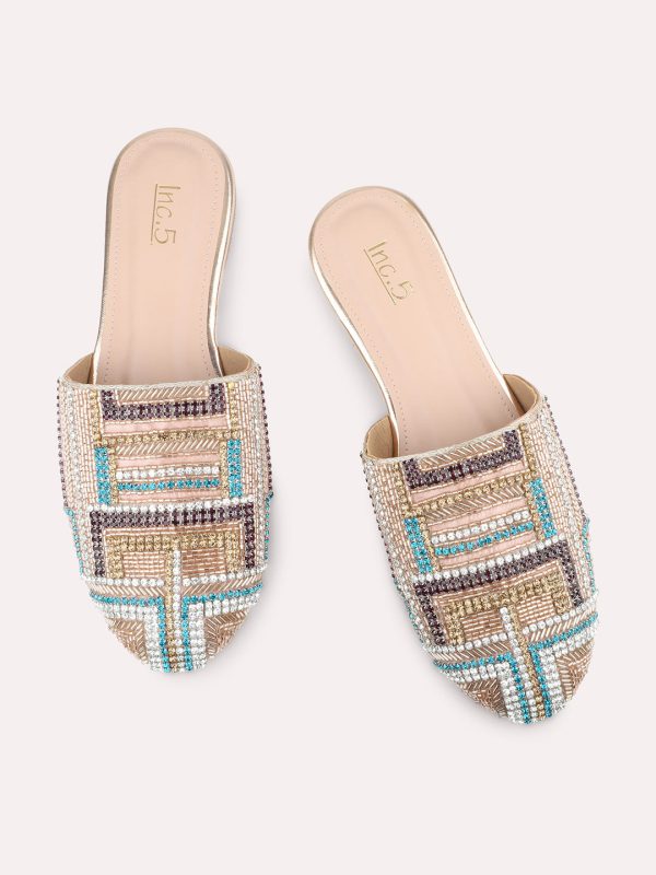 Women Rose Gold Embellished Ethnic Block Mules For Cheap