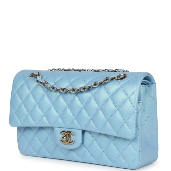 Chanel Medium Classic Double Flap Bag Light Blue Iridescent Calfskin Gold Hardware Supply