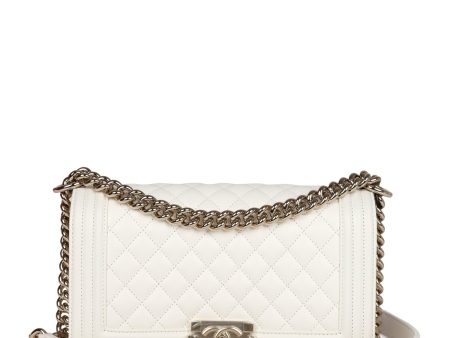 Chanel Medium Boy Bag White Caviar Light Gold Hardware For Discount