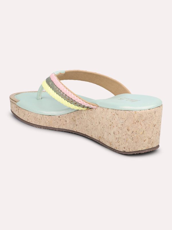 Women Green Textured Wedge Sandals For Cheap