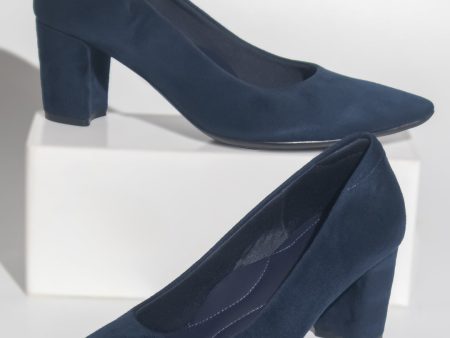 Women Navy Suede Block Pumps Heels Fashion