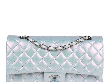 Chanel Medium Classic Double Flap Bag Blue Iridescent Calfskin Silver Hardware Cheap