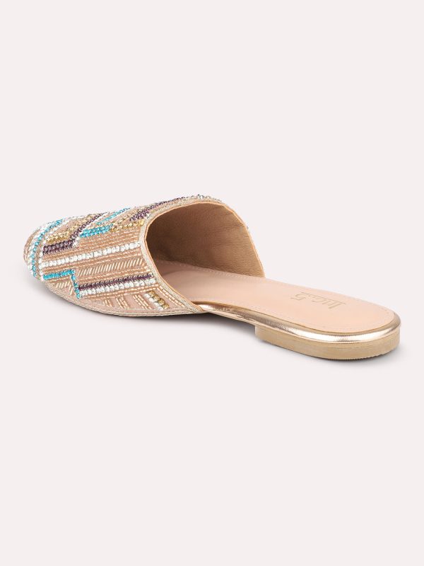 Women Rose Gold Embellished Ethnic Block Mules For Cheap