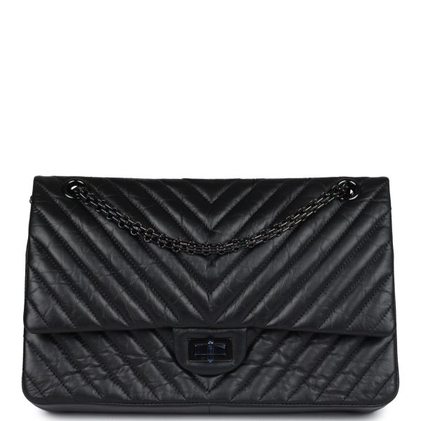 Chanel Medium Chevron Reissue 226 2.55 Flap Bag So Black Aged Calfskin Black Hardware Cheap