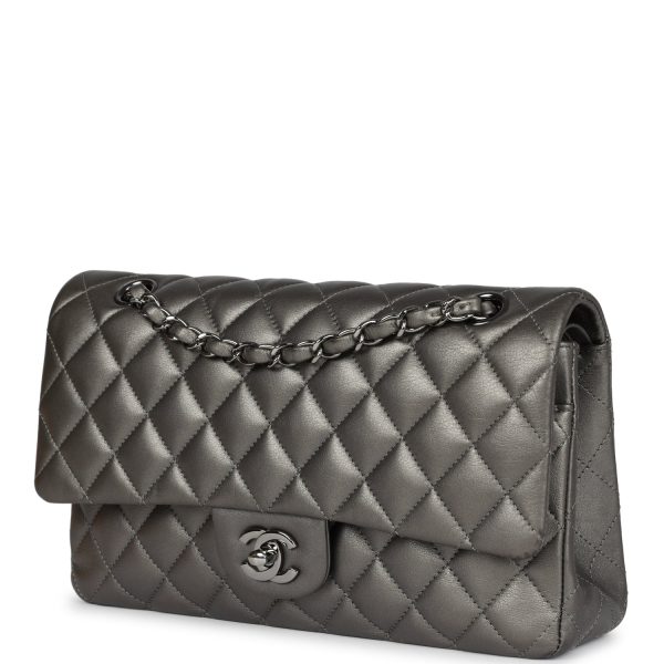 Pre-owned Chanel Medium Classic Double Flap Bag Metallic Grey Lambskin Silver Hardware For Cheap