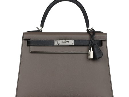 Hermes Special Order (HSS) Kelly Sellier 28 Etain and Black Epsom Brushed Palladium Hardware For Discount