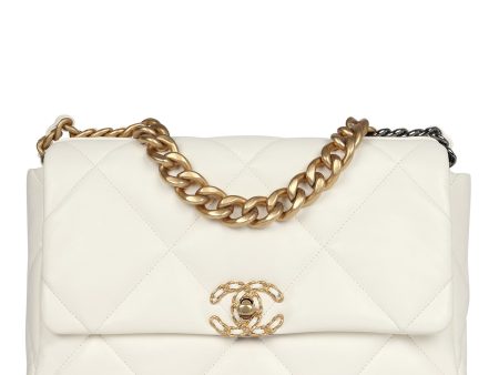 Chanel Large 19 Flap Bag White Lambskin Mixed Metal Hardware Fashion