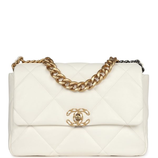 Chanel Large 19 Flap Bag White Lambskin Mixed Metal Hardware Fashion