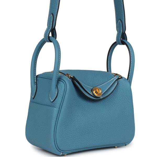 Hermes Mini Lindy Blue Jean Clemence Gold Hardware Online