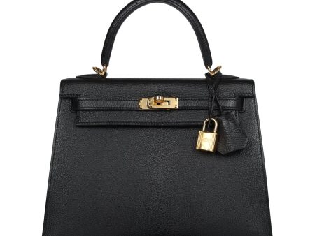 Pre-owned Hermes Kelly Sellier 25 Black Chevre Mysore Gold Hardware Cheap