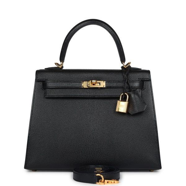 Pre-owned Hermes Kelly Sellier 25 Black Chevre Mysore Gold Hardware Cheap