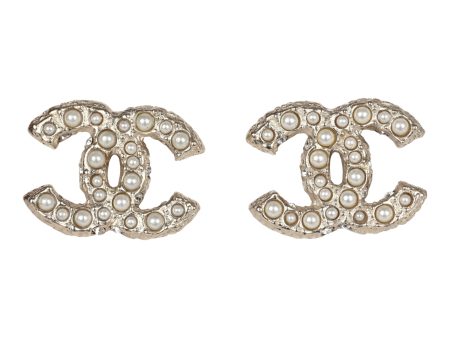 Chanel Small CC Pearl Studded Earrings Faux Pearls & Light Gold Tone Hardware on Sale