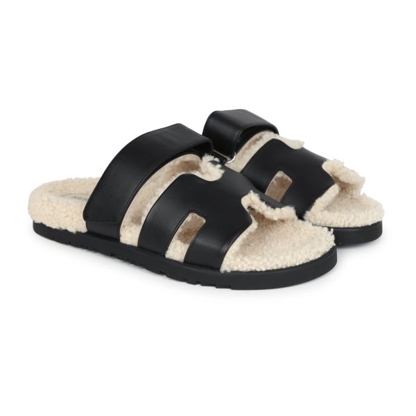 Hermes Chypre Techno Sandals Black and Ecru Shearling Palladium Hardware EU 39.5 Online Hot Sale