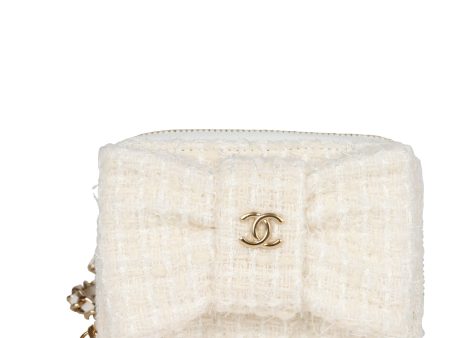 Chanel Bow Wallet Card Holder on Chain White Beige Tweed Calfskin Gold Hardware Online Sale