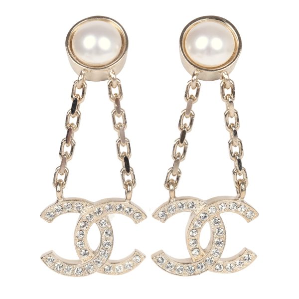 Chanel CC Drop Earrings Pearl & Crystals Light Gold Tone Metal Supply