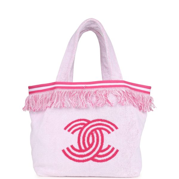 Chanel CC Beach Tote Bag & Towel Set Pink & White Canvas & Terry Supply