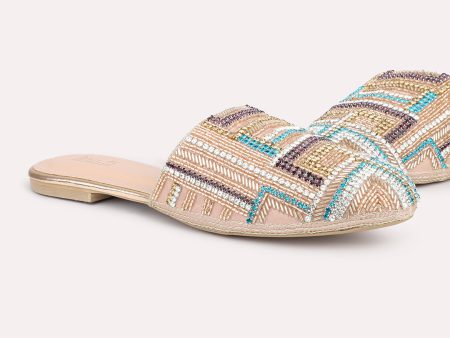 Women Rose Gold Embellished Ethnic Block Mules For Cheap