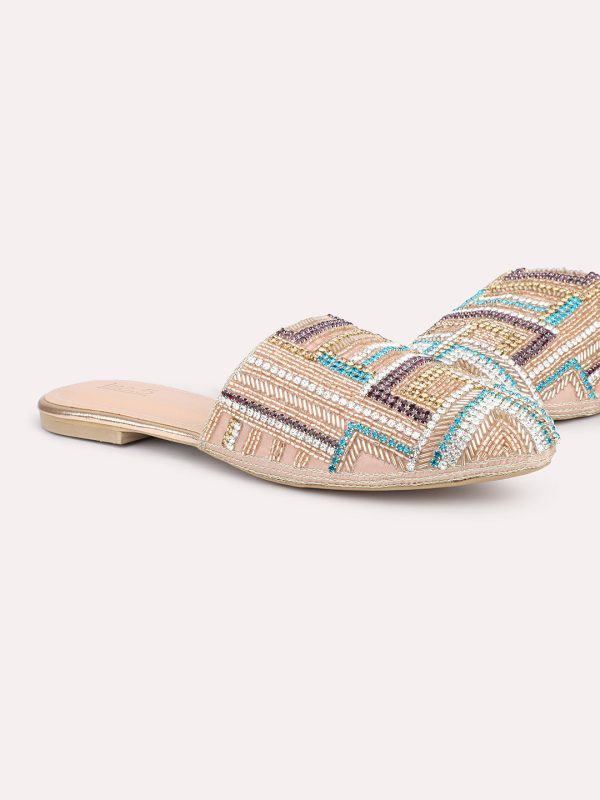 Women Rose Gold Embellished Ethnic Block Mules For Cheap