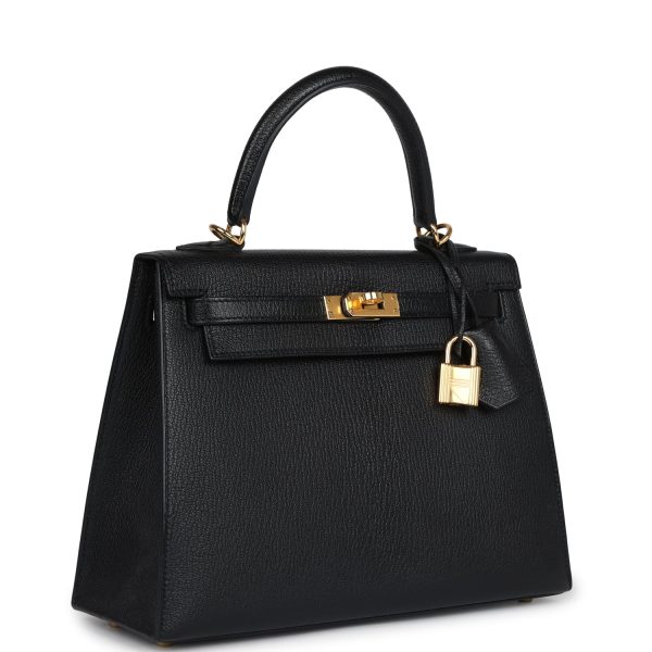 Pre-owned Hermes Kelly Sellier 25 Black Chevre Mysore Gold Hardware Cheap