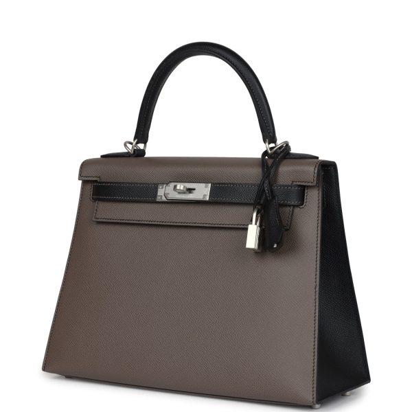 Hermes Special Order (HSS) Kelly Sellier 28 Etain and Black Epsom Brushed Palladium Hardware For Discount