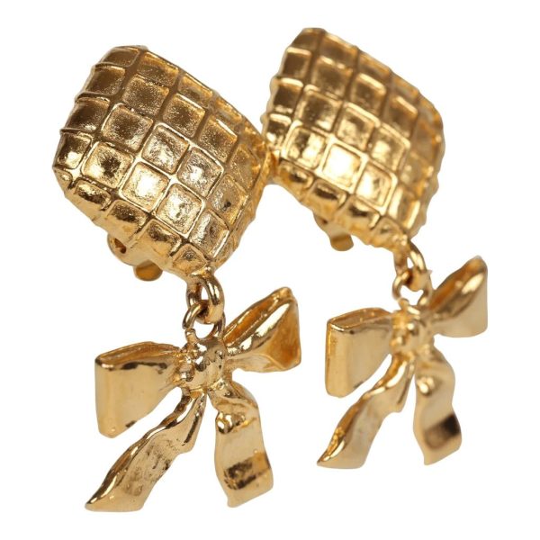 Vintage Chanel 24K Gold Plated Dangle Bow Clip On Earrings Online Sale