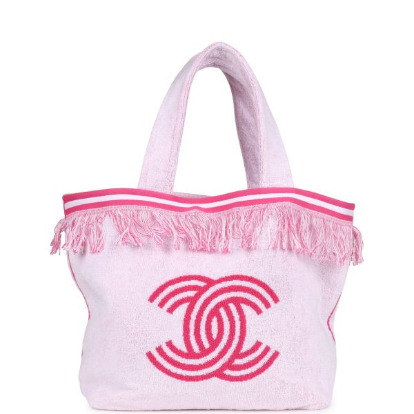 Chanel CC Beach Tote Bag & Towel Set Pink & White Canvas & Terry Supply