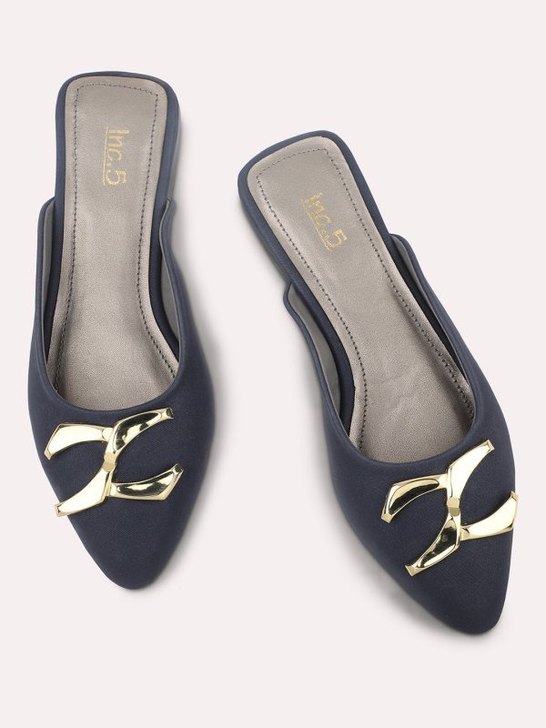 Women Navy & Gold Toned Pointed Toe Mules With Buckle Detail For Discount