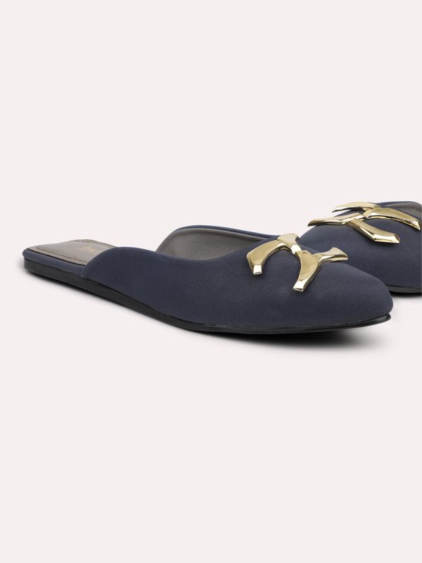 Women Navy & Gold Toned Pointed Toe Mules With Buckle Detail For Discount