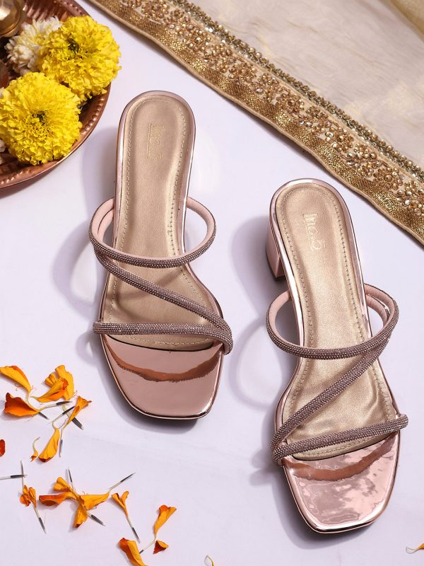 Women Rose Gold Embellished Party Block Sandals Sale