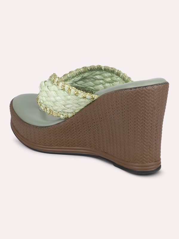 Women Green Textured Embellished Wedge Sandals For Discount