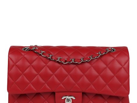 Chanel Medium Classic Double Flap Bag Red Lambskin Silver Hardware For Cheap