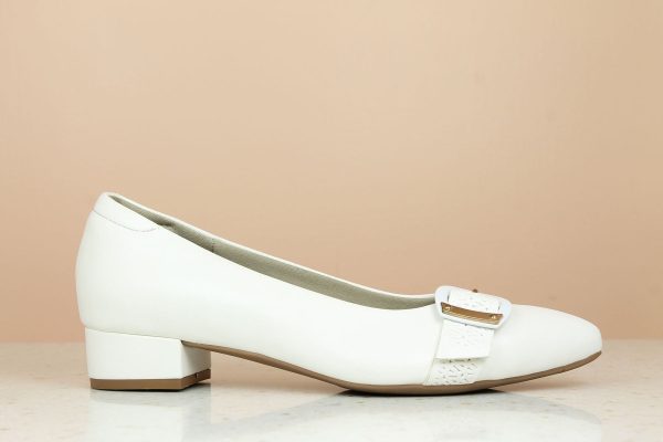 Women White Pointed Toe Block Pumps With Buckles Details Supply