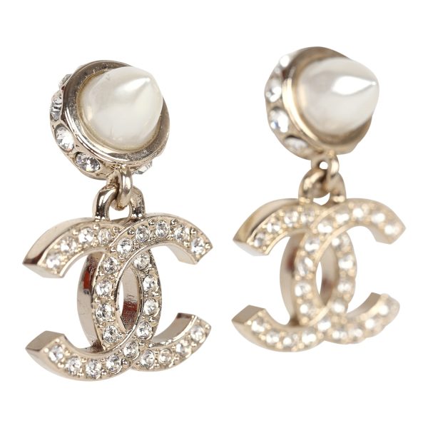 Chanel Pearl Spike CC Crystal Dangle Earrings Light Gold Hardware For Discount